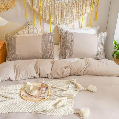 Taupe Pillowcases, Khaki Macrame Tassel Pillow Cases Set of 2, Soft Washed Microfiber, Taupe Decor Tassel Boho Pillow Cover, 2 Pack (King, Taupe Tassel)