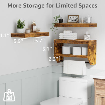 Bathroom Floating Shelves for Wall - Shelf over Toilet Paper Storage Farmhouse 16 Inch Set of 3, Rustic Brown (028-40BN3)