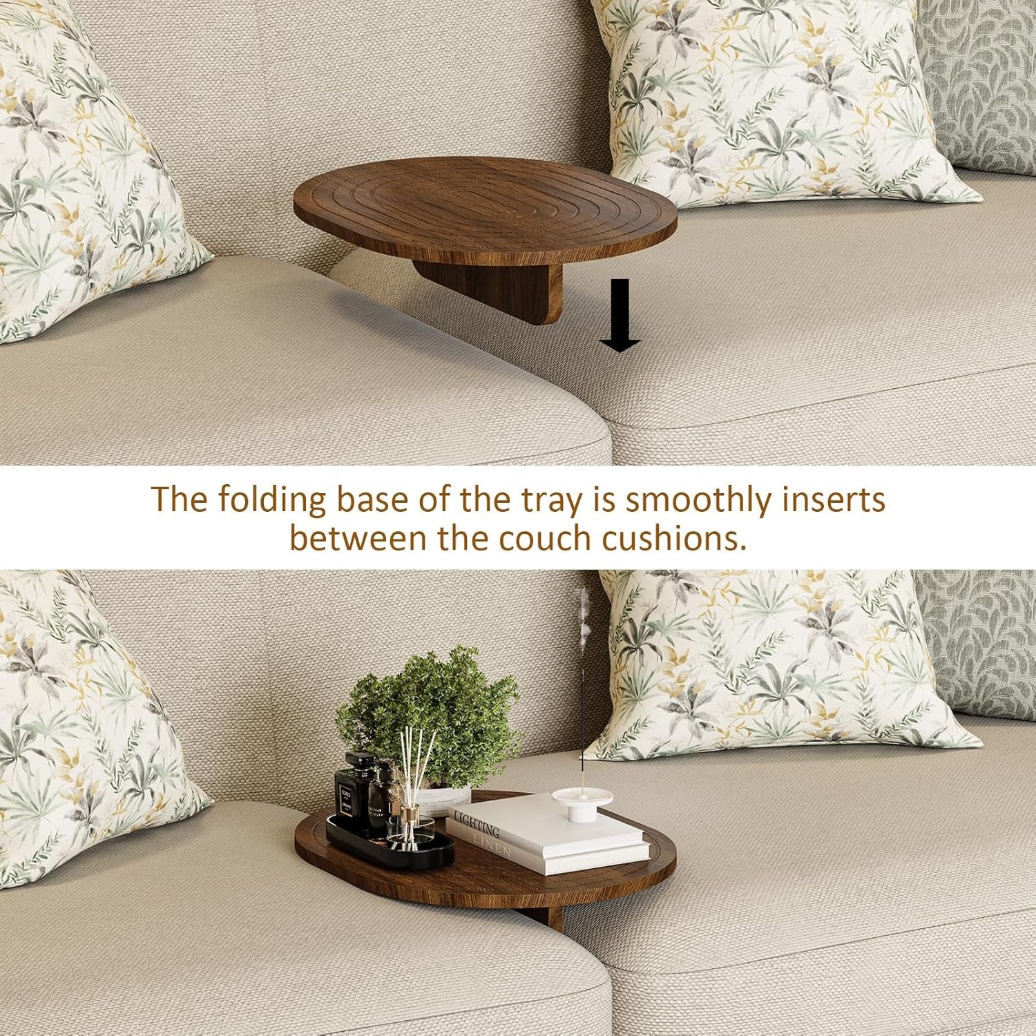 Couch Tray Insert for Middle, 15.75"X12.6" Wood Sofa Tray, Folding Couch Armrest Table Fit Armless Couch/Sectional, for Drink Snacks Phone Remote Holder, Walnut