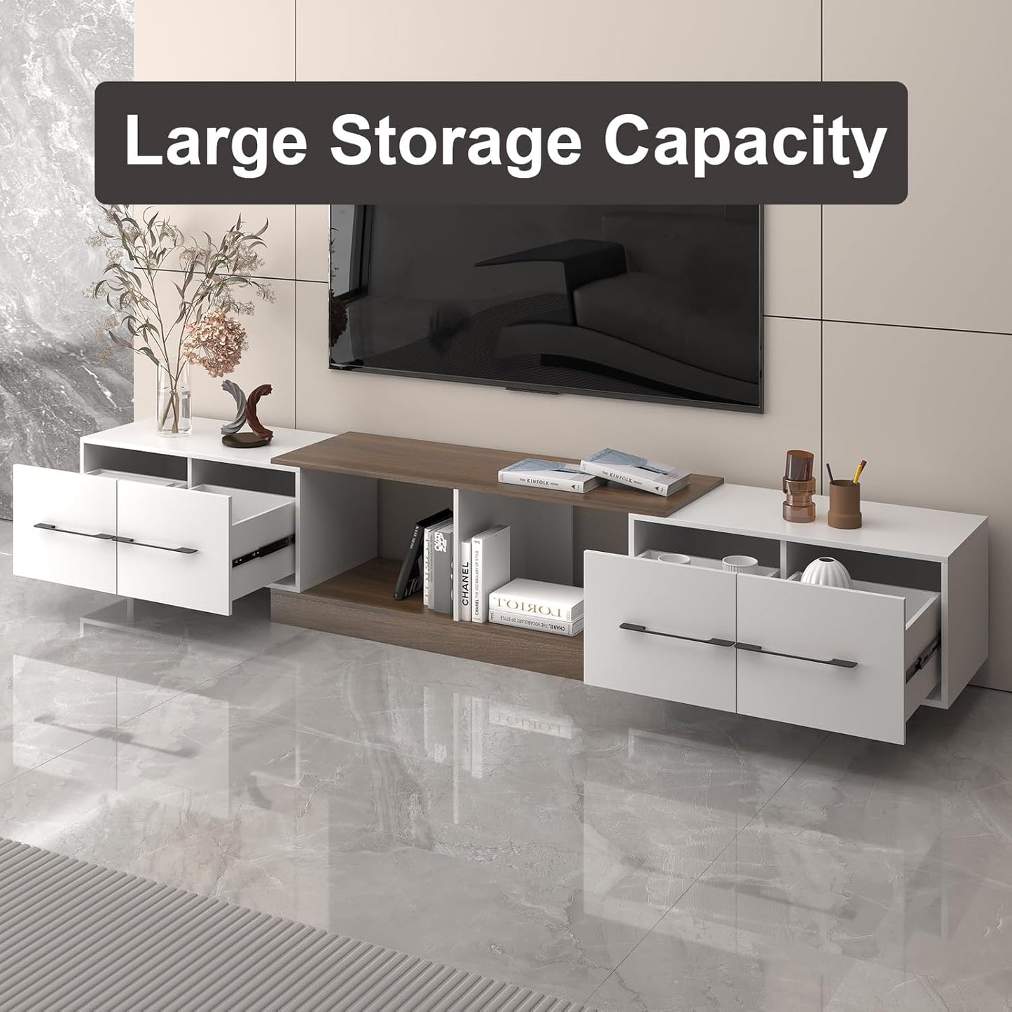 Extendable TV Stand, Modern TV Console for up to 120 Inch TV, Entertainment Center with 4 Large Drawers & Open Shelf, Media Console for Living Room - White & Walnut (Extendable 74.80"-102.36")