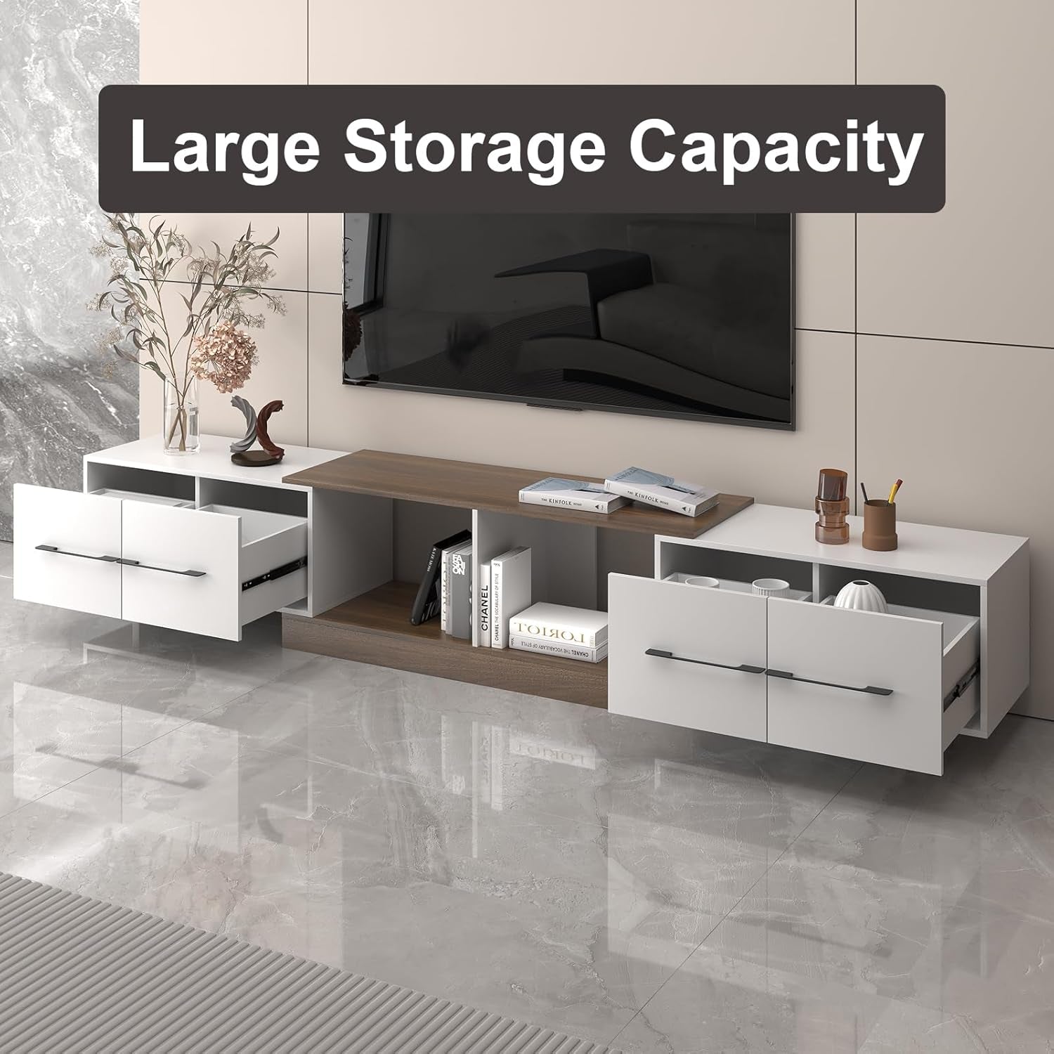 Extendable TV Stand, Modern TV Console for up to 120 Inch TV, Entertainment Center with 4 Large Drawers & Open Shelf, Media Console for Living Room - White & Walnut (Extendable 74.80"-102.36")