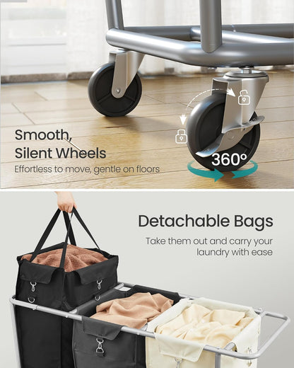 Laundry Basket with Wheels, 76.6 Gallons (290 L), 3-Section Rolling Laundry Hamper with Removable Bags, Heavy-Duty Steel Frame with Handle, Cream White, Dark Gray and Ink Black URLS010X01