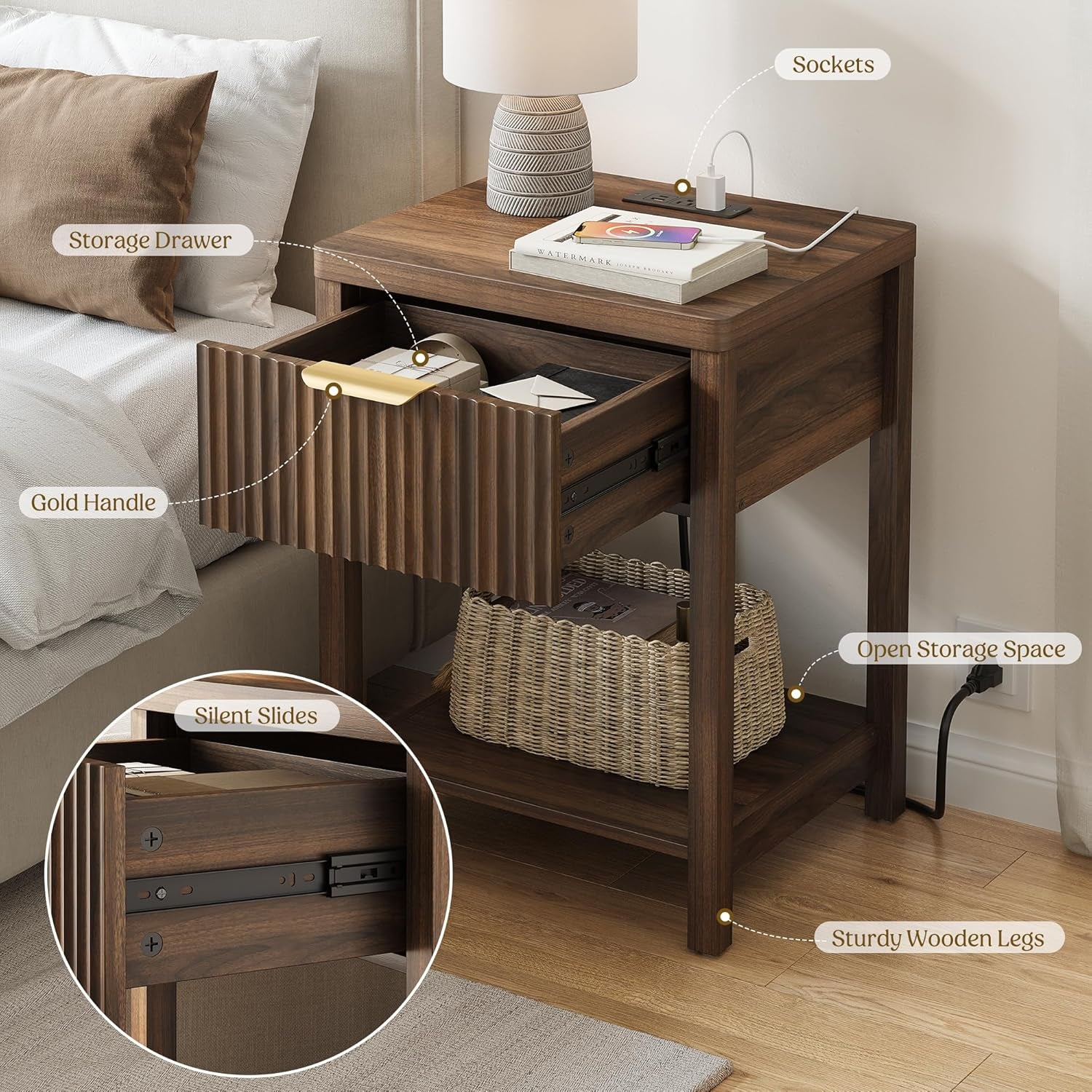 Night Stand Set 2, Fluted Nightstand with Charging Station, Wood Modern Bedside End Table with Storage Drawer for Bedroom, save Space (Set of 2, Walnut)