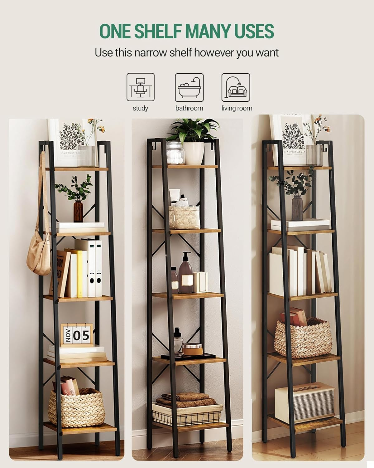 Ladder Shelf, Bookshelf Bookcase, Freestanding Corner Storage Shelve with 2 Hooks for Home Office, Living Room, Kitchen, Bedroom, Industrial, 11.8" D X 13.4" W X 63" H, Rustic Brown BC03201B