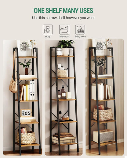 Ladder Shelf, Bookshelf Bookcase, Freestanding Corner Storage Shelve with 2 Hooks for Home Office, Living Room, Kitchen, Bedroom, Industrial, 11.8" D X 13.4" W X 63" H, Rustic Brown BC03201B
