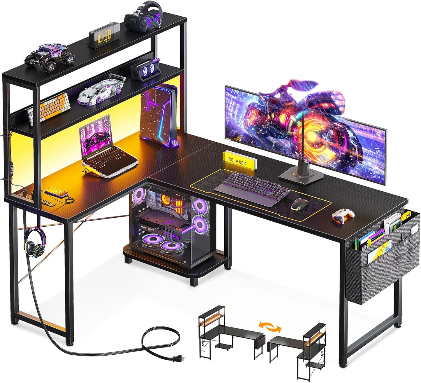53 Inch L Shaped Gaming Desk with LED Lighting, Reversible Desk with Power Outlets, Cornor Computer Table with Storage Shelves & Bag & Iron Hook, Home Office Table for Writing, Study, Black