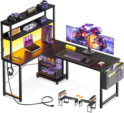 53 Inch L Shaped Gaming Desk with LED Lighting, Reversible Desk with Power Outlets, Cornor Computer Table with Storage Shelves & Bag & Iron Hook, Home Office Table for Writing, Study, Black