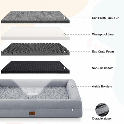XL Orthopedic Dog Bed for Large Dogs, Big Waterproof Dog Bed with Removable Washable Cover, 4-Sides Removable Bolster Pet Couch Sofa with Non-Slip Bottom, Grey