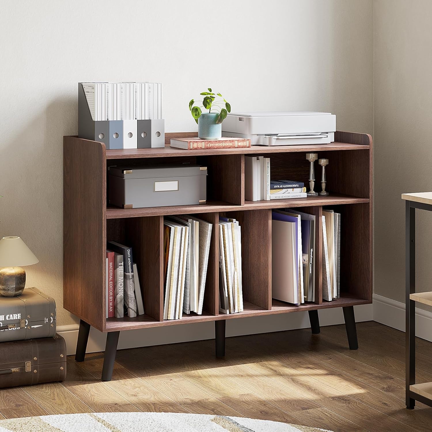 Record Player Stand, Turntable Stand with Vinyl Storage, Record Player Cabinet up to 350 Albums, Cube Storage Organizer for Living Room, Walnut