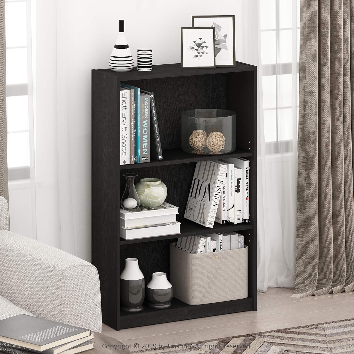 JAYA Book Shelf, 3-Tier Bookshelf, Bookcase with Adjustable Shelves, 9.5 X 24.5 X 40.3, for Living Room, Bedroom, Home Office, Blackwood