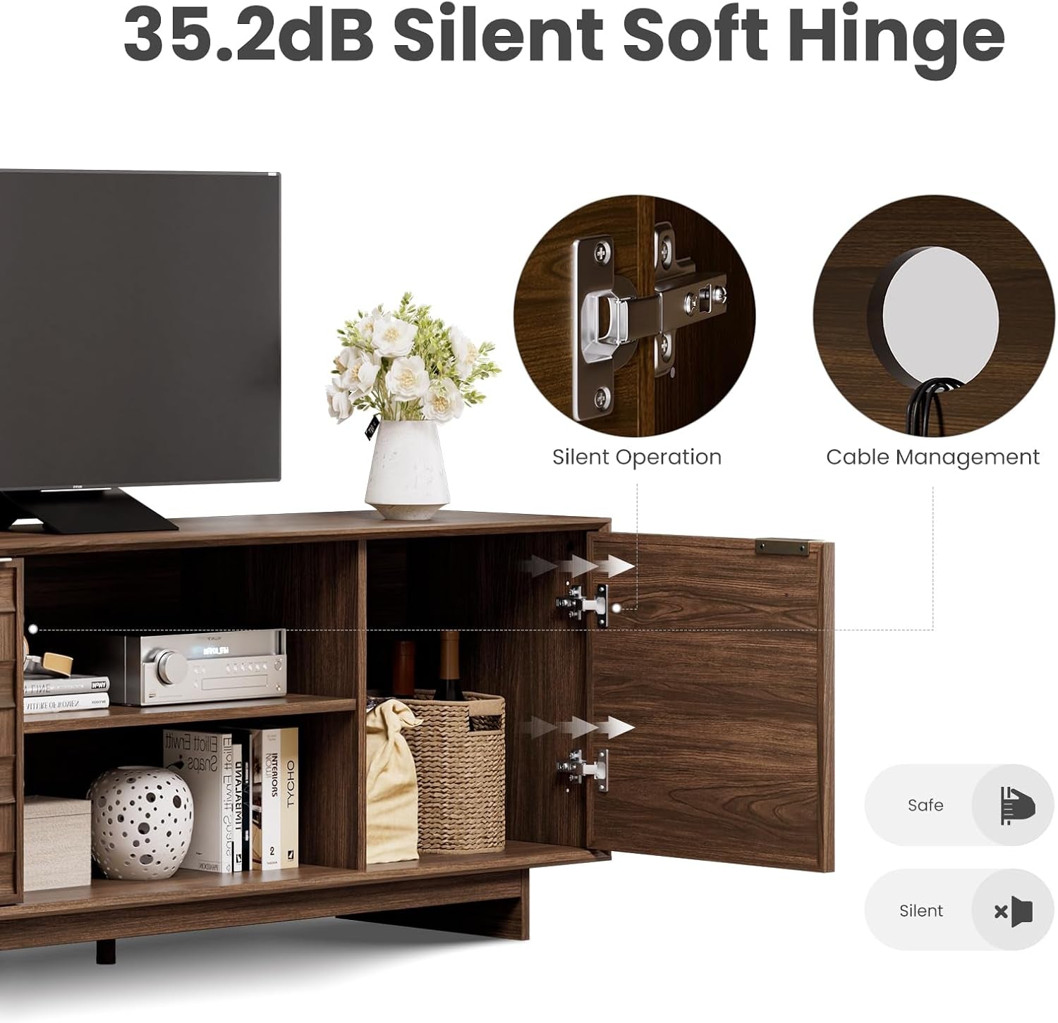 TV Stand with Two Doors, Entertainment Center 59" with Adjustable Shelves and Storage, Mid-Century Modern TV Stand for 50/55/65 Inch TV, Media Console Cabinet for Living Room, Bedroom Walnut