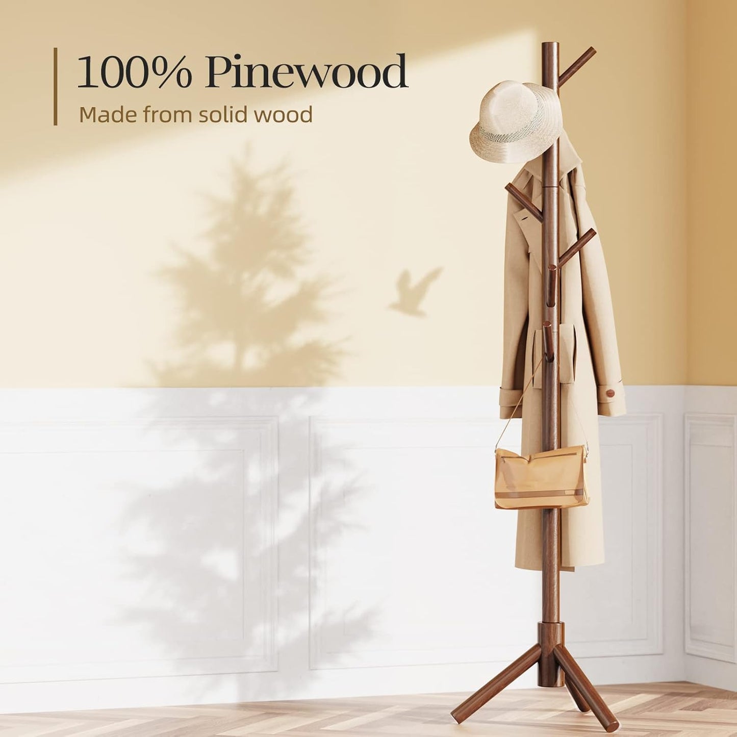 Sturdy Wooden Coat Tree with 8 Hooks, 3 Adjustable Sizes for Clothes, Hat Stand Used in Bedroom/Office/Entryway, Brown