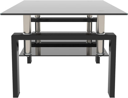 Glass Coffee Table, Black Living Room Rectangle Coffee Table with Tempered Glass & Metal Tube, 2 Layers of Storage Space Modern Tea Table Side Table for Waiting Room Small Space
