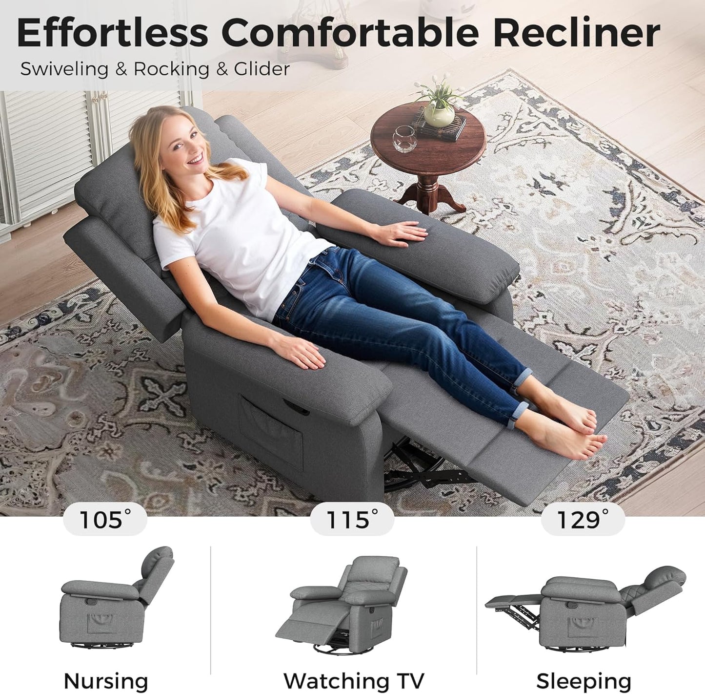 Glider Recliner for Adult Indoor Upholstered Lounge Nursery Chair Swivel Single Sofa with Side Pockets for Living Room Bedroom(Grey)
