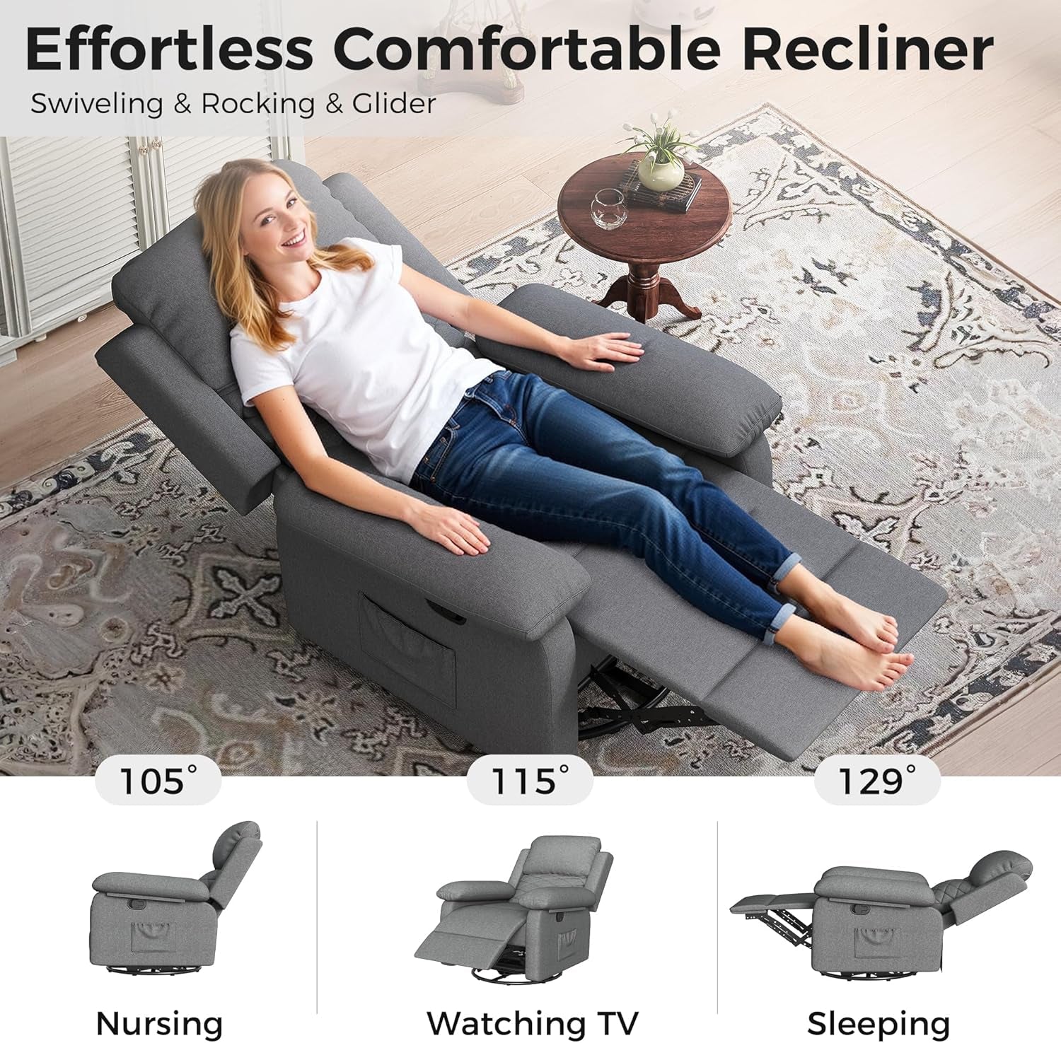 Glider Recliner for Adult Indoor Upholstered Lounge Nursery Chair Swivel Single Sofa with Side Pockets for Living Room Bedroom(Grey)