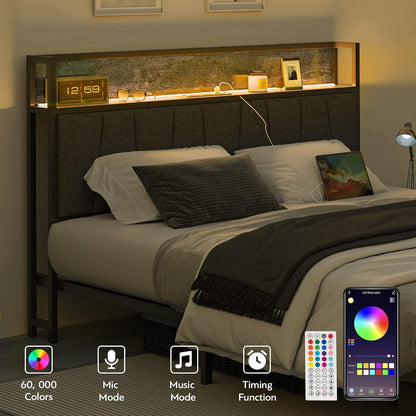 Queen Size Bed Frame with Headboard and Storage, Drawers Platform Bed Frame with Storage Chargin Station LED Light Bedframe, Heavy Duty, No Box Spring Needed