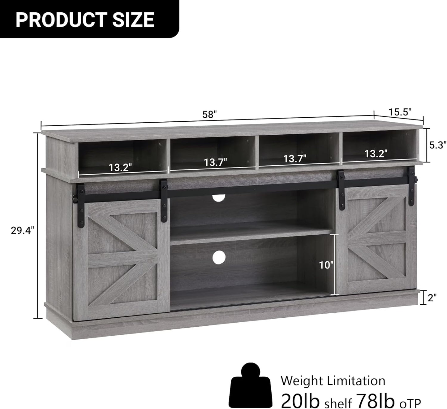 58" TV Stand, Modern & Farmhouse Wood Entertainment Center for Tvs up to 65", with Sliding Barn Door, Storage Cabinet Table, Adjustable Shelves (Gray)