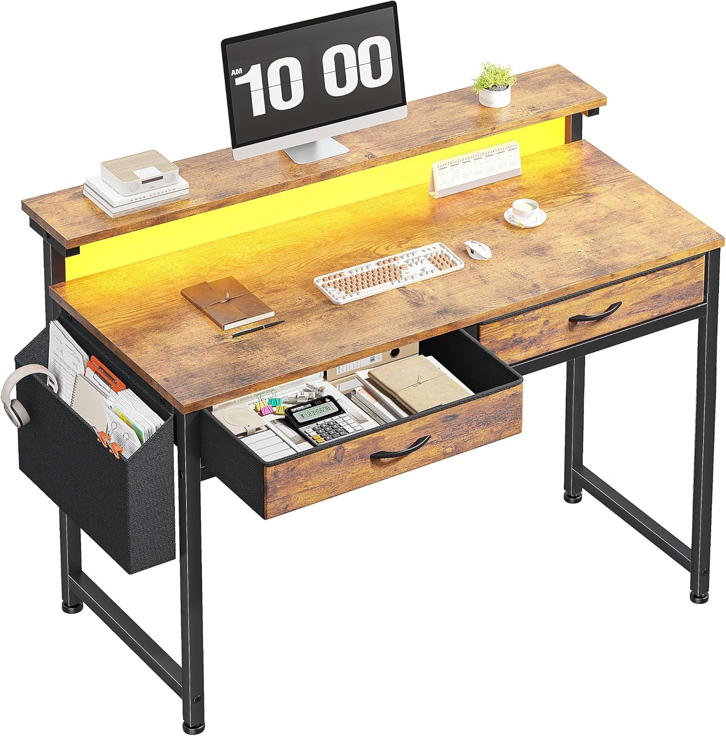 Gaming Desk with LED Lights & 2 Fabric Drawers, 39.4Inch Home Office Computer Desk with Side Pocket & Ergonomic Monitor Stand, Small Space Study Writing Table with Anti-Tip Design, Rustic Brown