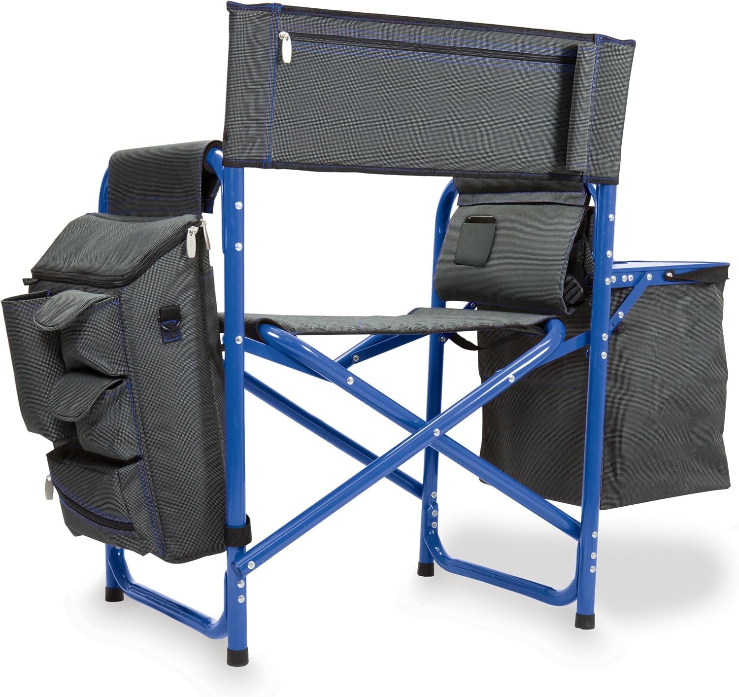 Fusion Camping Chair with Side Table and Soft Cooler, Outdoor Foldable Padded Camping Chairs with Cup Holder for Lawn, Beach, & Sports Use for Adults, (Dark Gray Blue Accents)