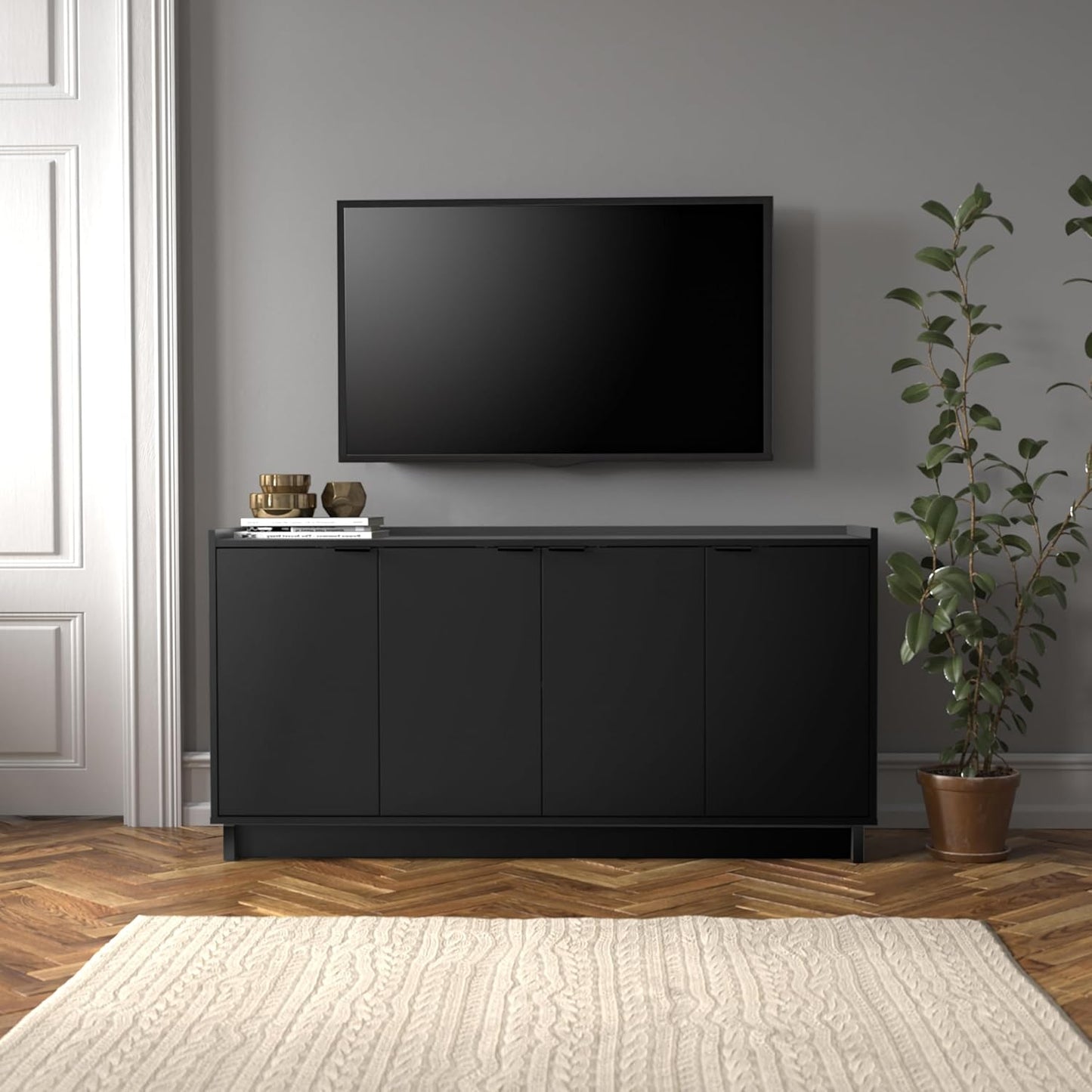 Simply Modern 4 Door Console Table Storage Cabinet, Buffet Cabinet for Storage and Organization, Modern Side Table with Doors & Shelves, 60”W X 30”H X 16”D, Black