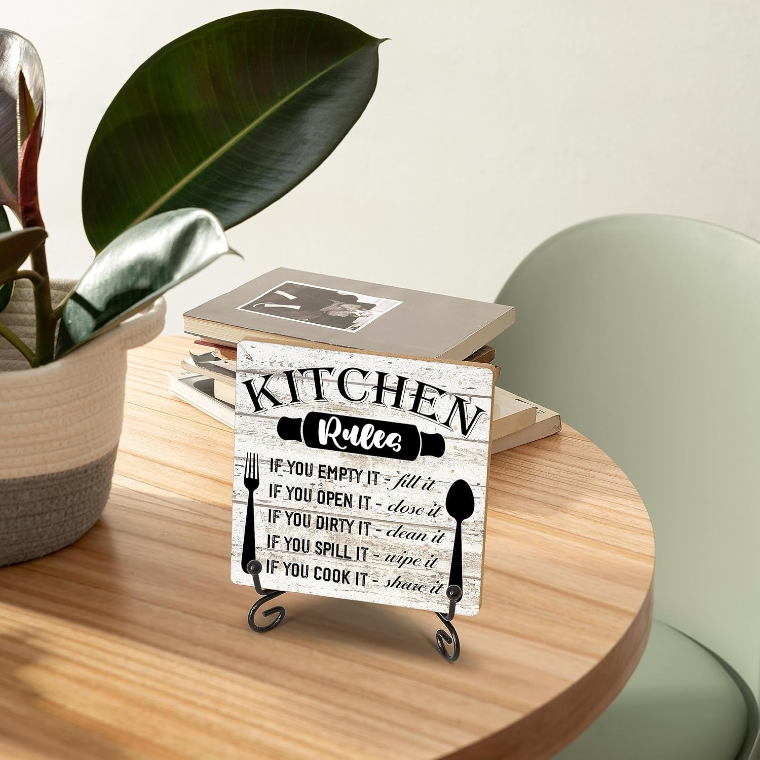 Rustic Wood Plaque with Stand - Kitchen Decor - Kitchen Rules Wood Sign - Idea Wooden Decor for Home Living Room Dining Room Shelf Table Decoration (31)