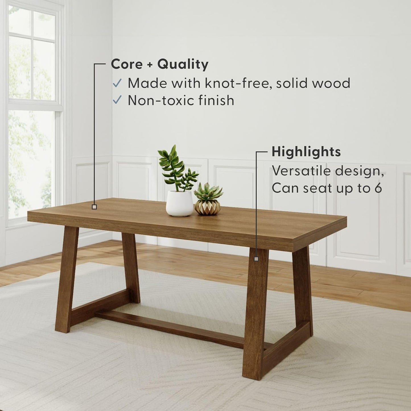 72 Inch Farmhouse Dining Table, Solid Wood Rustic Kitchen Table, Large Wooden Rectangular Dinner Table for Dining Room, Home Office, Living Room Furniture, Easy Assembly, Pecan Wirebrush