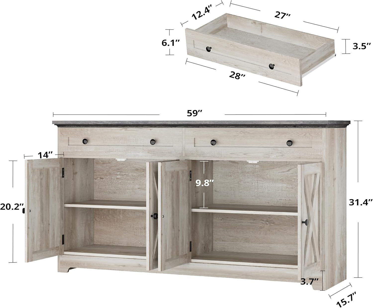 Buffet Cabinet with Storage, Sideboard Storage Cabinet, Kitchen Cabinet with Drawers and Doors, Charcoal Grey and Beige Maple