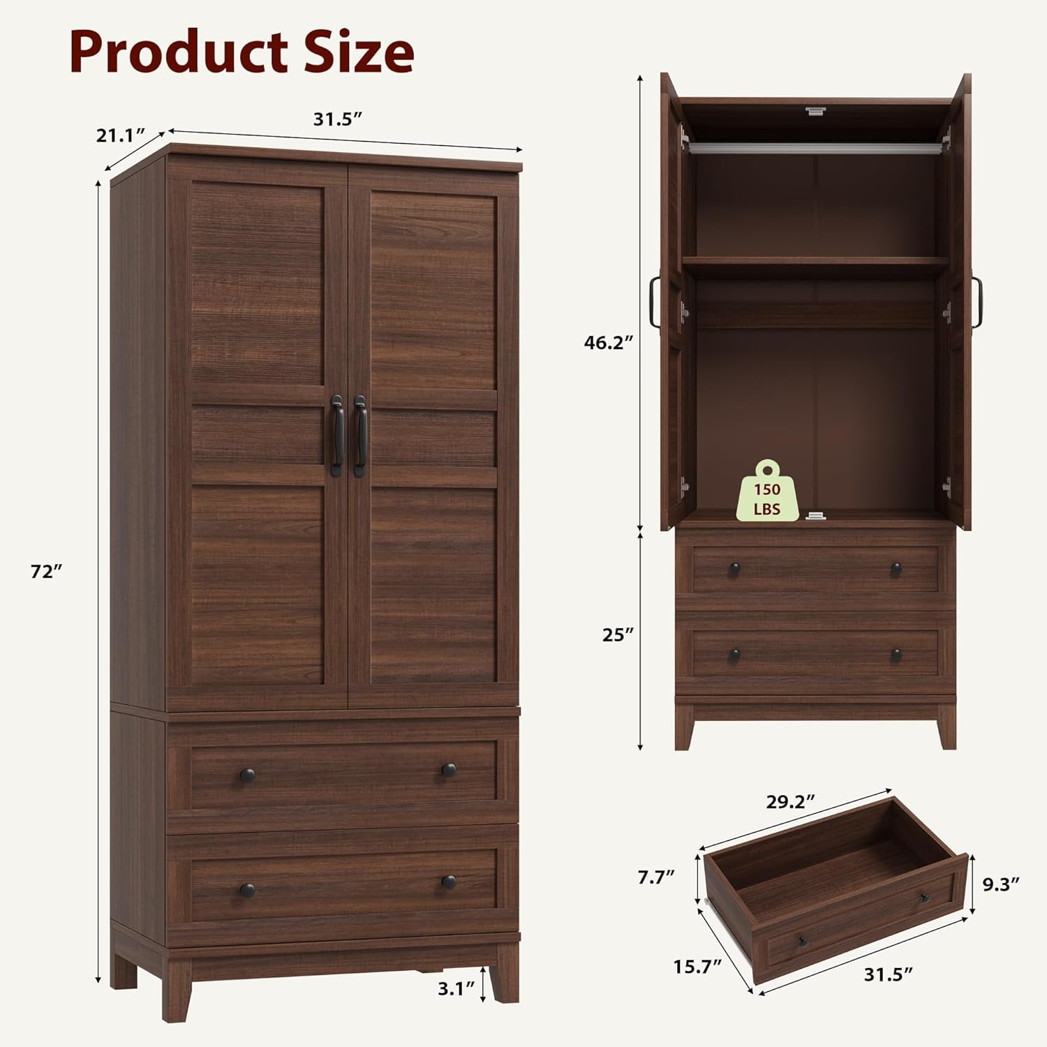 Armoire Wardrobe Closet with 2 Drawers,72 in Wooden Wardrobe Cabinet with Hanging Rod, Tall Clothing Armoire Cabinet with Doors and 18 Adjustable Shelves for Bedroom, Clothes,Walunt Brown