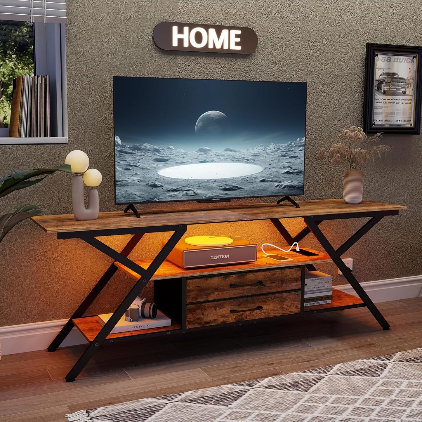 TV Stand with Power Outlet and LED Lights, Fits Tvs up to 65”, 2 Fabric Drawers Entertainment Center with Open Storage Shelves, Media Console for Living Room, Bedroom (Rustic Brown)