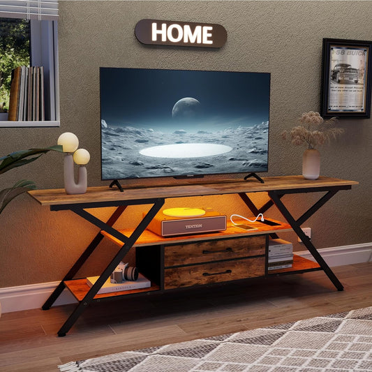 TV Stand with Power Outlet and LED Lights, Fits Tvs up to 65”, 2 Fabric Drawers Entertainment Center with Open Storage Shelves, Media Console for Living Room, Bedroom (Rustic Brown)