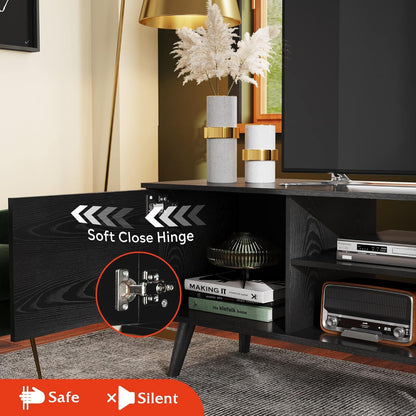 Mid-Century Modern TV Stand for 55 60 65 Inch TV, Entertainment Center with Storage & Adjustable Shelves, Media TV Console with Soft-Close Cabinets for Living Room Bedroom, Black
