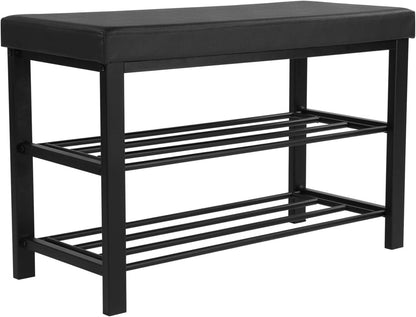 SONGMICS Shoe Bench, 3-Tier Shoe Rack for Entryway, Storage Organizer with Foam Padded Seat, Faux Leather, Metal Frame, for Living Room, Hallway, 12.2 X 31.9 X 19.3 Inches, Black ULBS58H