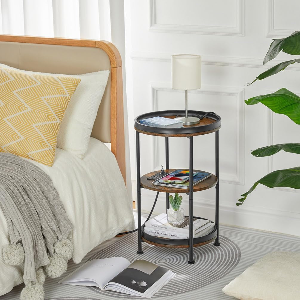 round Side Table with Charging Station, End Table with 3 Shelves for Living Room, Bedroom Nightstand for Small Spaces, Industrial round Sofa Table with Steel Frame (Usb+Rustic Brown)