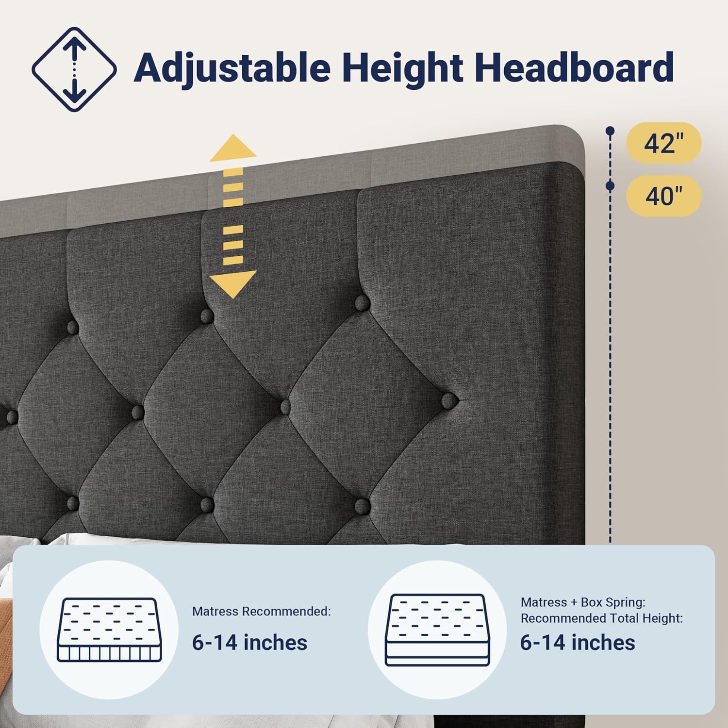 Upholstered Queen Size Platform Bed Frame with 4 Storage Drawers and Headboard, Diamond Stitched Button Tufted, Mattress Foundation with Wooden Slats Support, No Box Spring Needed, Dark Grey
