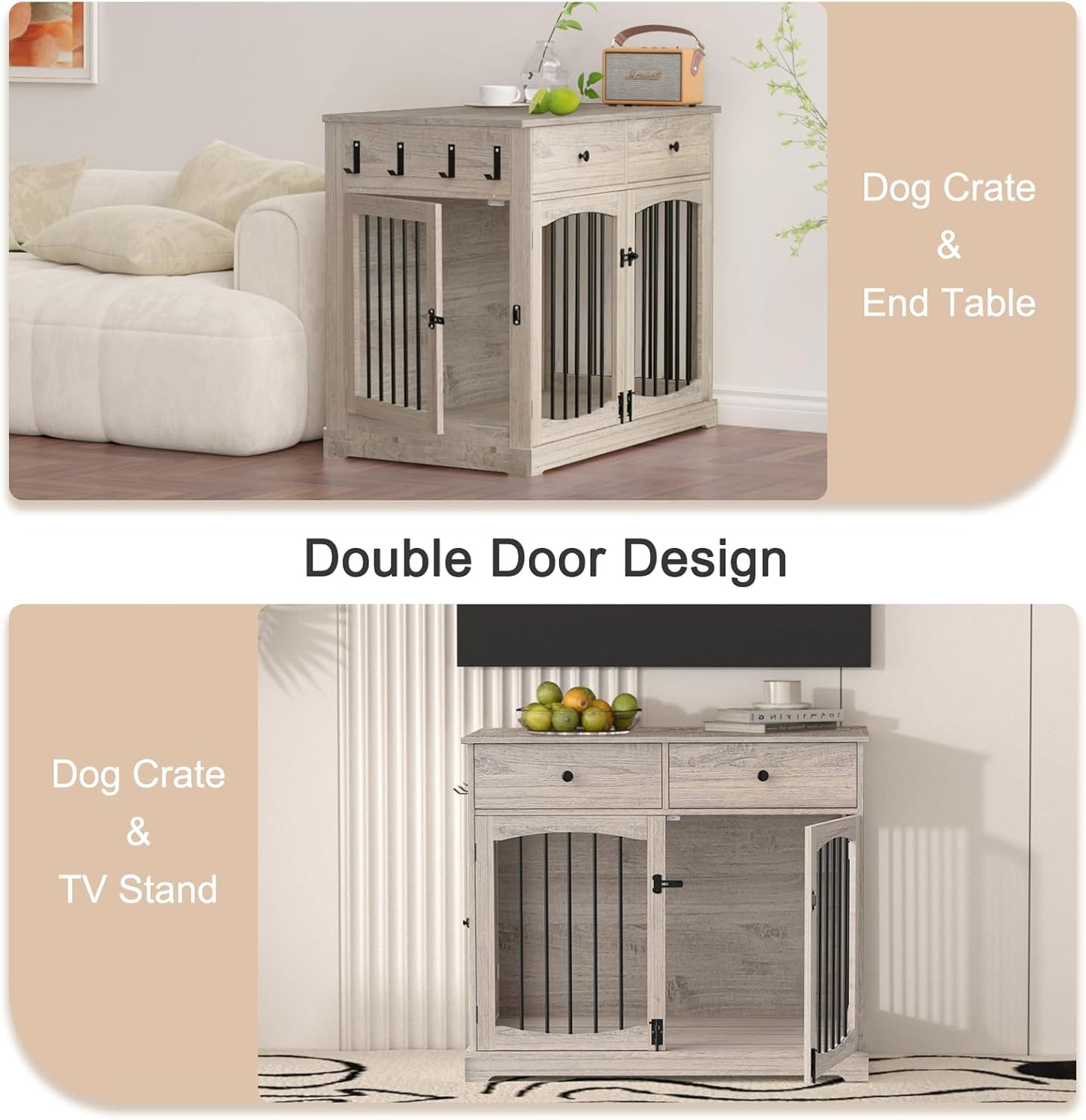 40 Inch Dog Crate Furniture-Farmhouse Dog Kennel with Drawers-End Table Wooden Pet Crate, Double Door Design, Decorative Dog House Indoor for Small Medium Large Dog, Oak Grey