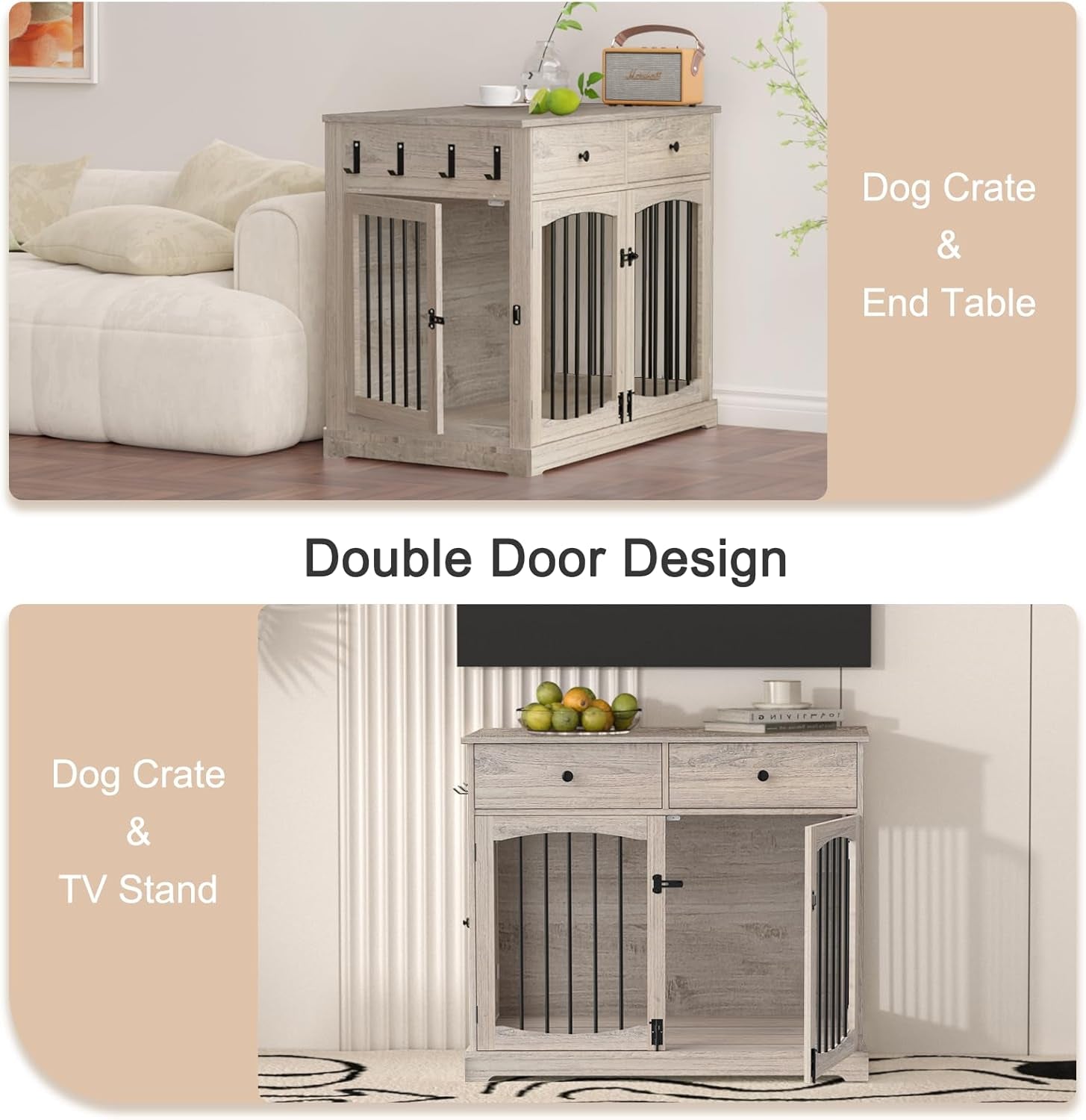 40 Inch Dog Crate Furniture-Farmhouse Dog Kennel with Drawers-End Table Wooden Pet Crate, Double Door Design, Decorative Dog House Indoor for Small Medium Large Dog, Oak Grey