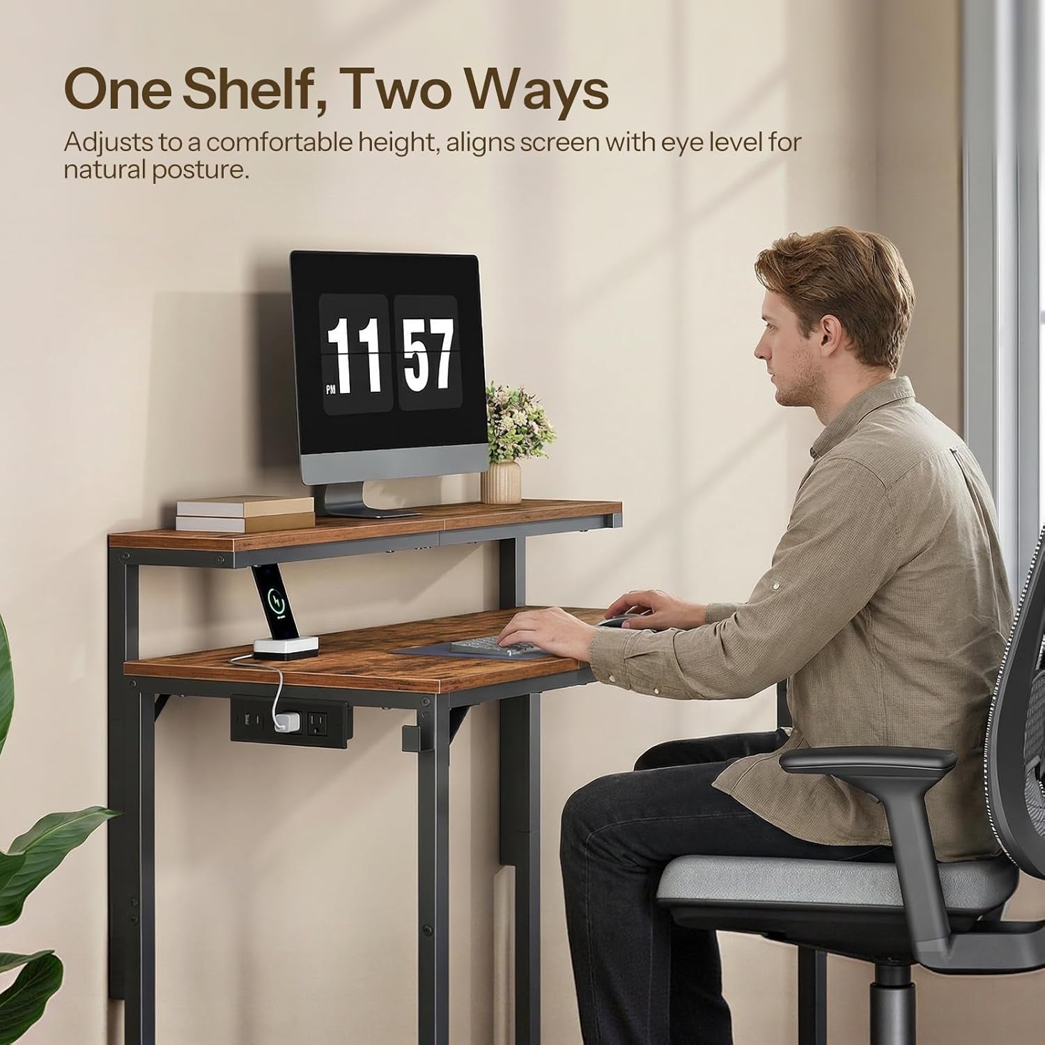 Small Computer Desk, 28.3" Desk for Small Spaces, Office Desk with Power Outlet & Adjustable Monitor Stand, Compact Desk with Storage, Writing Table for Bedroom, Office, Rustic Brown BF38UDN01