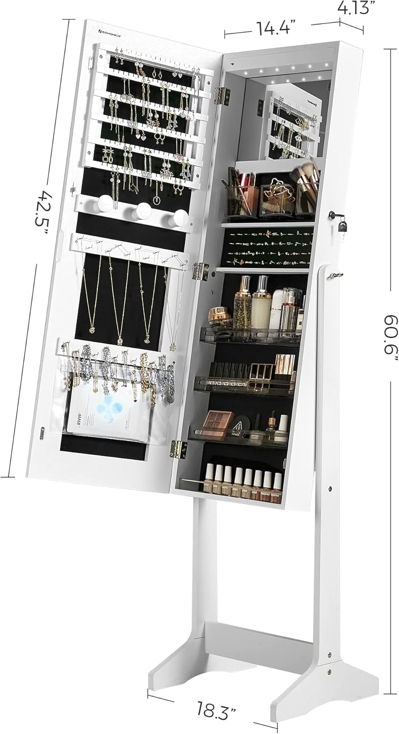 LED Mirror Jewelry Cabinet, Adjustable Brightness and 3 Shades of Light, Standing Jewelry Armoire with Full-Length Mirror, Jewelry Organizer with Built-In Mirror and Lights, White UJJC016W01