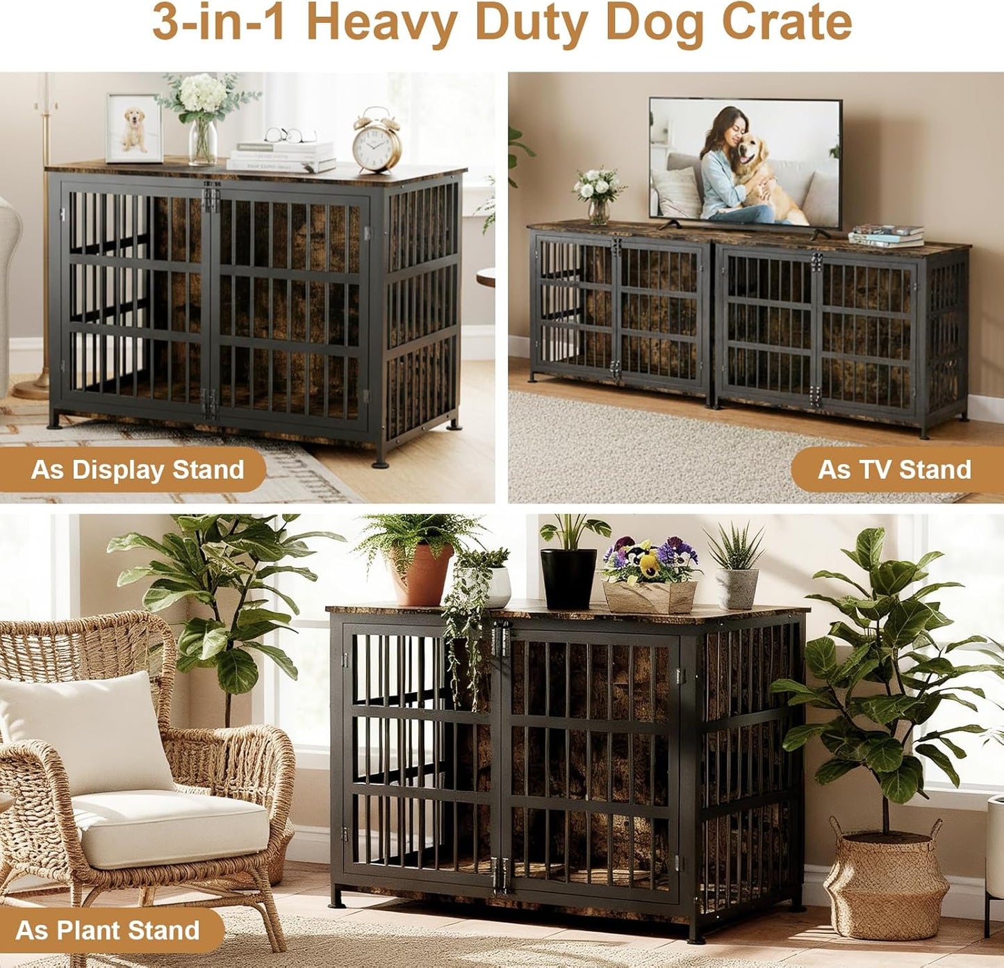 46" Dog Crate Furniture with Wheels, XXL Heavy Duty Dog Kennel Indoor for XL Dogs, Metal Chew-Proof Dog Cage, 45.9" L X 27.6" W X 32.4" H, Decorate House as TV Stand, End Table — Rustic Brown