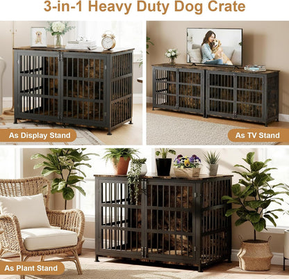 46" Dog Crate Furniture with Wheels, XXL Heavy Duty Dog Kennel Indoor for XL Dogs, Metal Chew-Proof Dog Cage, 45.9" L X 27.6" W X 32.4" H, Decorate House as TV Stand, End Table — Rustic Brown