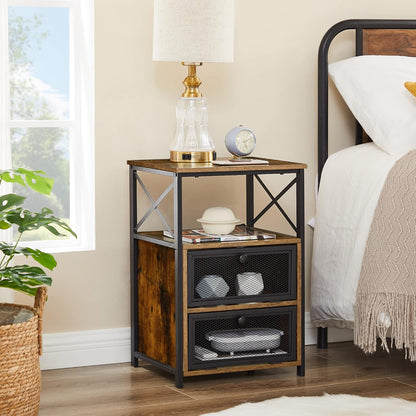 Modern Night Stand, End Side Table with Storage Space and Door, Nightstands with Flip Drawers for Living Room,Bedroom,Lounge,Set of 2, Brown