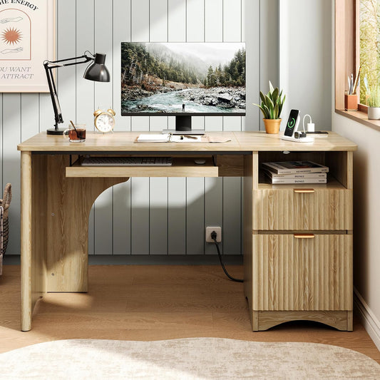 Computer Desk with Drawer, 55 Inch Office Desk with Power Outlet, Modern Home Office Desk with Keyboard Tray (Natual Oak, 55" W with Single-Sided Drawers)