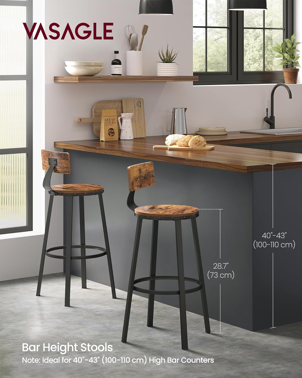 Bar Stools Set of 2, Bar Height Stools, 28.9 Inches Counter Barstools Chairs with Back for Dining Kitchen Island, Steel Frame, Industrial Style, Easy Assembly, Rustic Brown and Ink Black