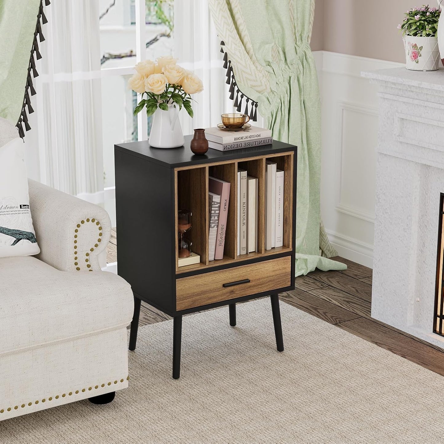 Record Player Stand with Nesting Vinyl Storage Crate, Record Player Table with a Drawer and Solid Wood Legs, Side End Table for Turntables for Living Room Bedroom