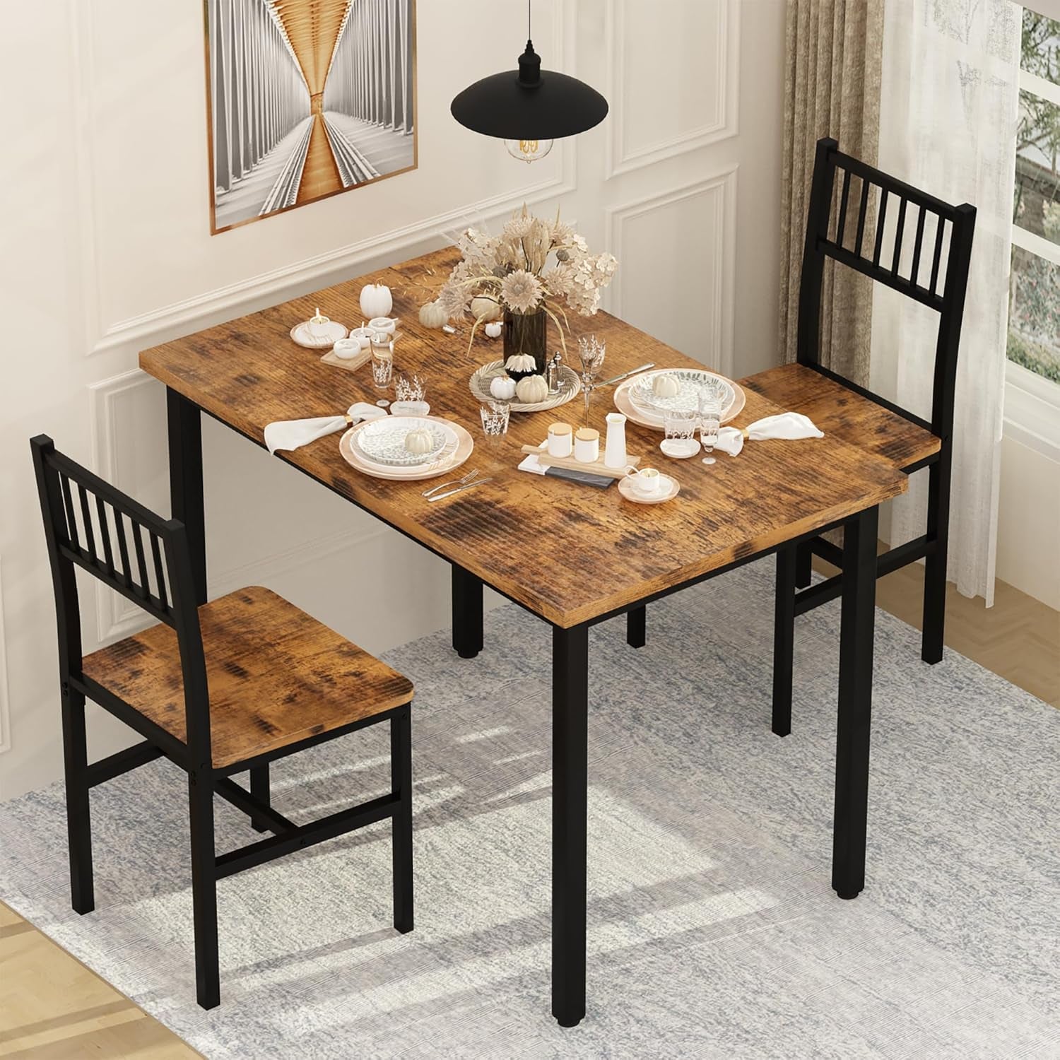 3 Piece Dining Table Set for 2, Small Kitchen Table Set for 2 with Chairs,Wood Breakfast Nook Table and Chairs Set of 2,Dinette Set for Small Space,Dining Room,Apartment, Brown