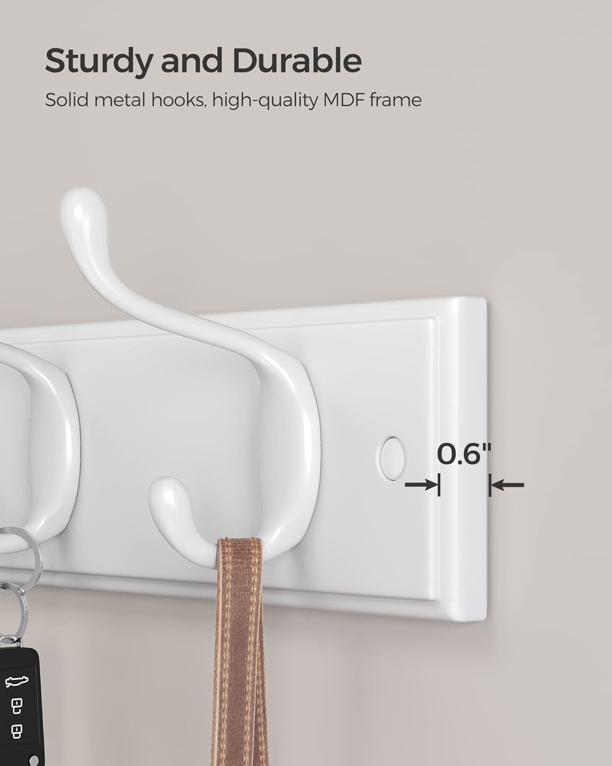 Wall-Mounted Coat Rack, Hook Rack, 4 Dual Metal Hooks, for Coats, Bags, Keys, in the Entryway, Bedroom, Living Room, White ULHR23WT