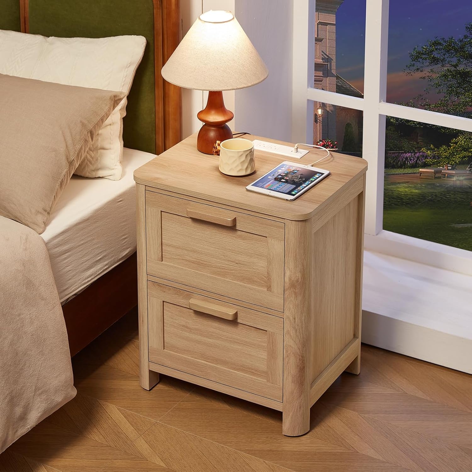 Farmhouse Nightstand with Charging Station, End Tables Bedroom with 2 Large Drawers & 4 Thickened Table Legs, Natural Wood