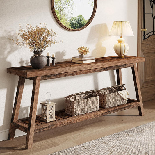 70.86-Inch Console Table for Entyrway, Farmhouse 2-Tier Entry Entrance Table, Narrow Long Sofa Table behind Couch, Rustic Brown