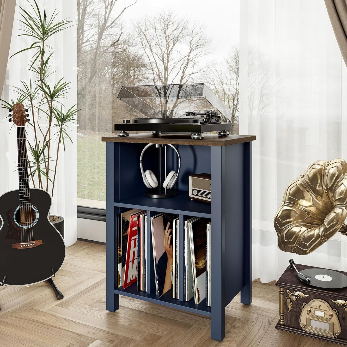 Record Player Stand, Vinyl Record Storage Table End Table with Display Shelf Holds up to 130 Albums, Large Nightstand Wood Turntable Stand Cabinet Side Table for Living Room, Bedroom, Blue