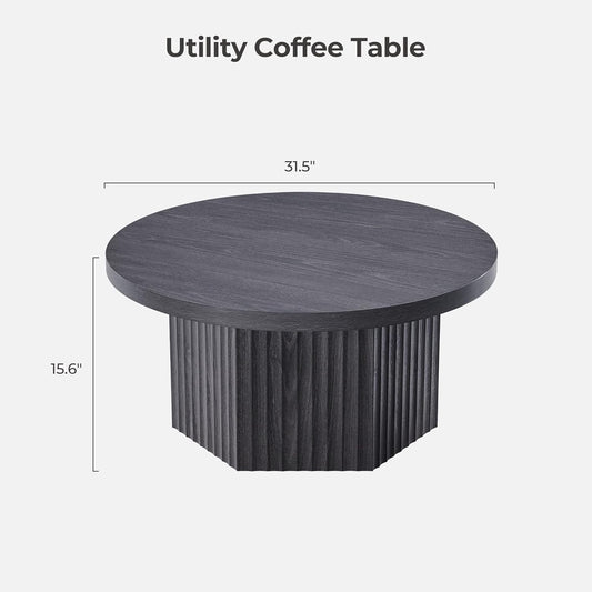 round Coffee Table for Living Room, Mid Century Modern Fluted Center Coffee Table with Storage, 32" Circle Accent Tea Dining Table for Apartment, Dark Grey Alder